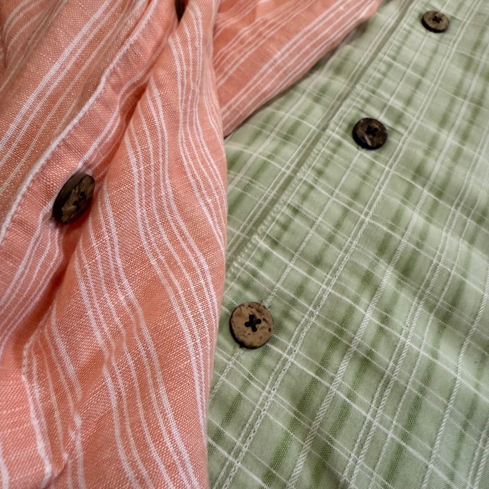 Lot 2 bundle Island Shores Mens L short sleeve Linen‎ Blend Shirts plaid stripes - Picture 2 of 7